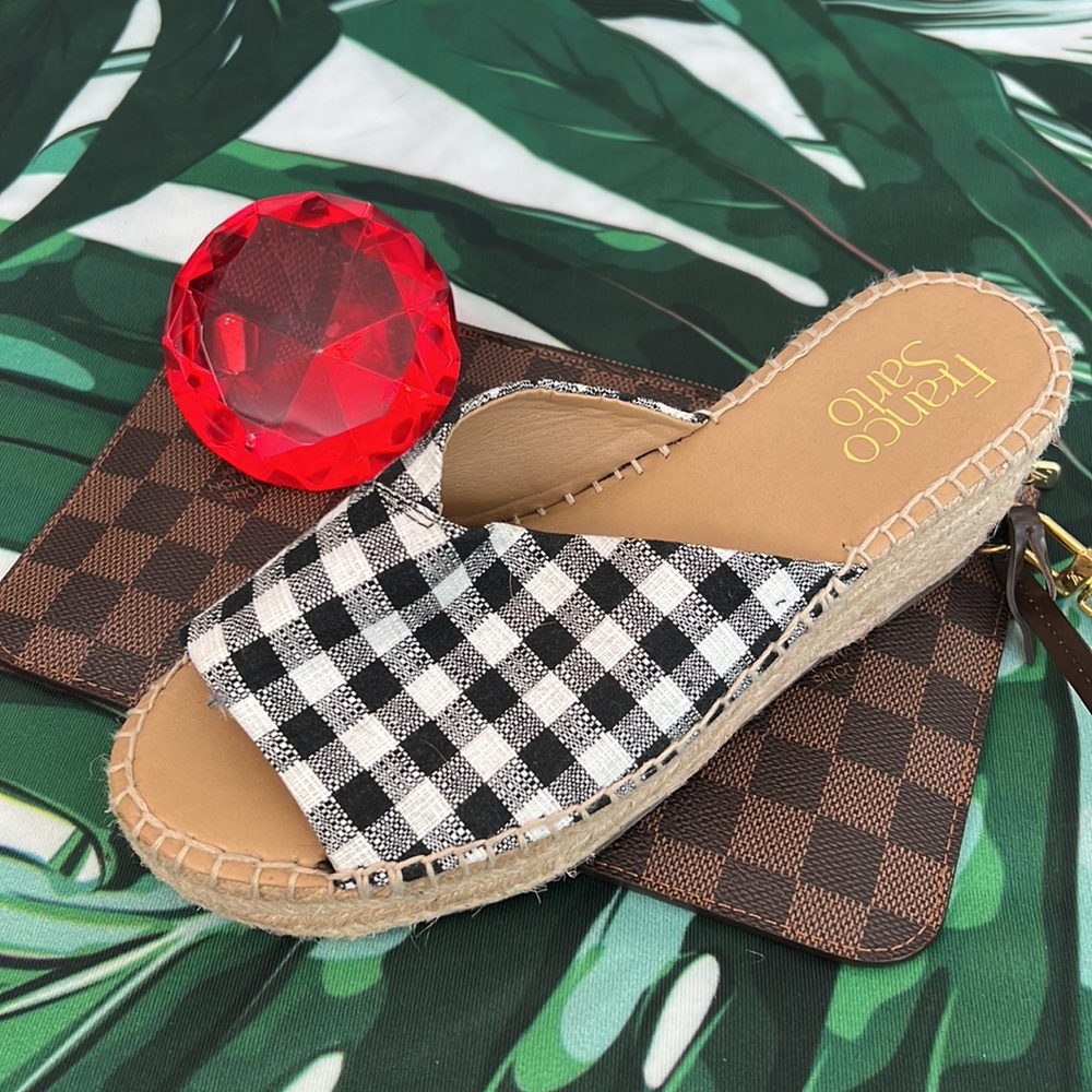 Franco Sarto, espadrille, wedge, black, and white check